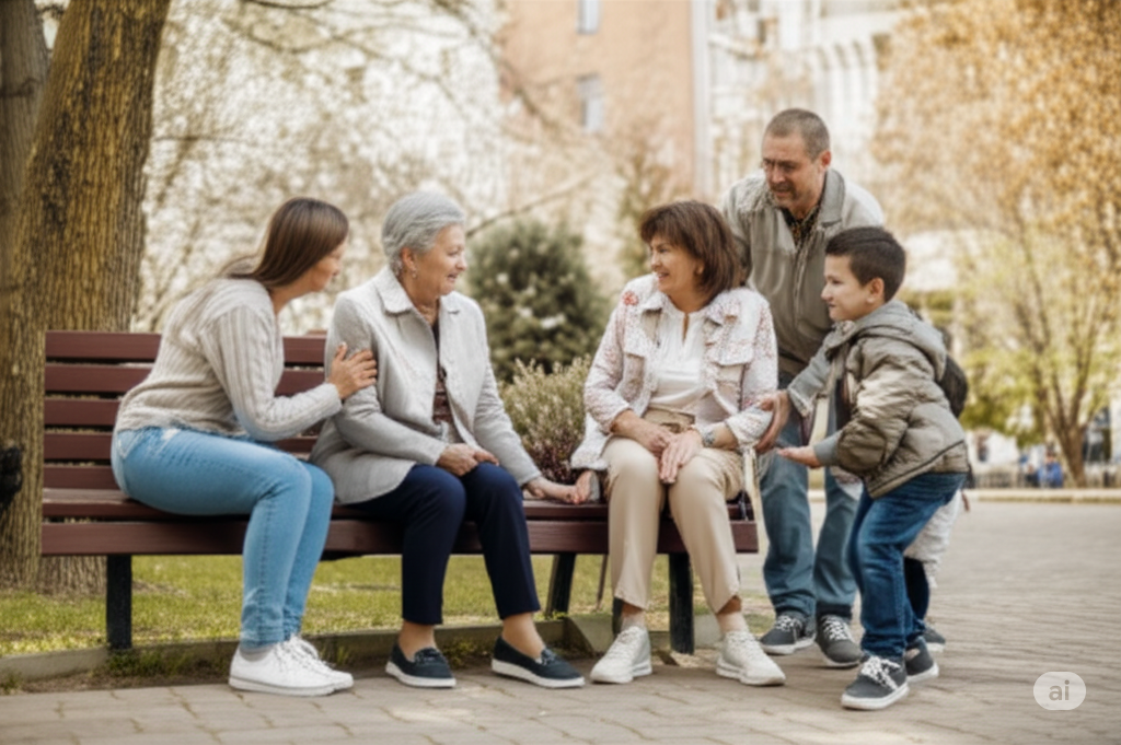 Родина підтримує літню людину з судинною деменцією в парку